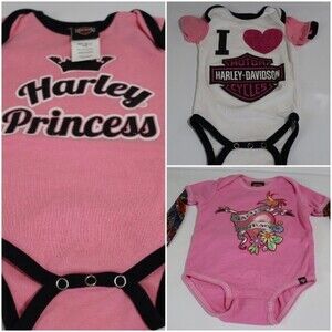 Harley Davidson Baby Girl Body Suits Lot of 3 Tattoo Arm Pink I Love Harley 3-6